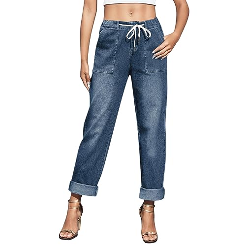 QWUVEDS Frauen Casual Einfache Mode Strap Zipper Jeans Halbe Elastische Taille Casual Tasche Gerade Denim Hosen Jeanshosen Damen Mit Löchern (BU1, M) von QWUVEDS