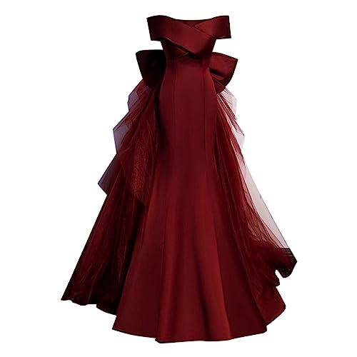 QWUVEDS Frauen-reizvoller Normallack-Tüll-Abschlussball-Kleid-langes formales Abendkleid mit Schlitz-Kleid Vintage Kleid Langarm Sommerkleid Für Damen Kleid Damen Elegant Sexy (4-0113A-Red, S) von QWUVEDS