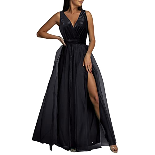 QWUVEDS Frauen-reizvoller Normallack-Tüll-Abschlussball-Kleid-langes formales Abendkleid mit Schlitz-Kleid Vintage Kleid Langarm Sommerkleid Für Damen Kleid Damen Elegant Sexy von QWUVEDS