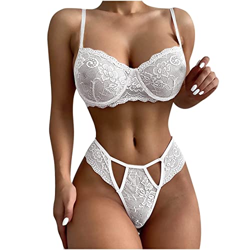 Frauen sexy Unterwäsche im Blumendruck Spitze solide Spaghetti BH Dessous Set Mit Strapsen Spitzenunterwäsche Set Sexy Damen Slip Mit Spitze (0818B-White, M) von QWUVEDS