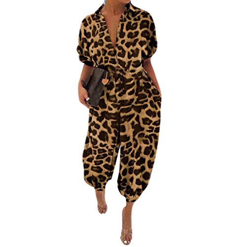 QWUVEDS Für Erwachsene Frauen-Leopard-Druck-dünne Lange Knopf-Spielanzug-Kurzarm-Overalls Overall Langarm Damen von QWUVEDS