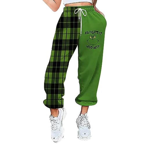 QWUVEDS Grinch Hose Grinch Baumwolle Grinch Plus Size Hose für Damen, grünes Weihnachtsmann-Grinch-Kostüm, Damen-Pyjamahose, gestreifte Damen-Pyjamahose Jogginghose Damen Cargohose Damen von QWUVEDS