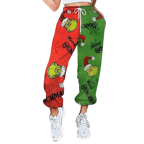 QWUVEDS Grinch Hose Grinch Baumwolle Grinch Plus Size Hose für Damen, grünes Weihnachtsmann-Grinch-Kostüm, Damen-Pyjamahose, gestreifte Damen-Pyjamahose Jogginghose Damen Cargohose Damen von QWUVEDS