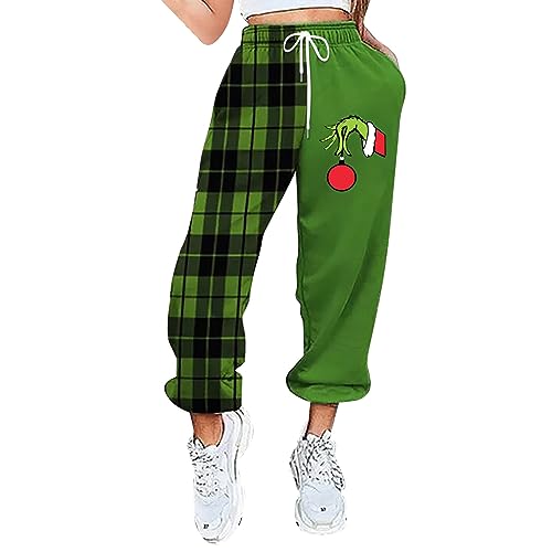 QWUVEDS Grinch Hose Grinch Baumwolle Grinch Plus Size Hose für Damen, grünes Weihnachtsmann-Grinch-Kostüm, Damen-Pyjamahose, gestreifte Damen-Pyjamahose Jogginghose Damen Cargohose Damen von QWUVEDS