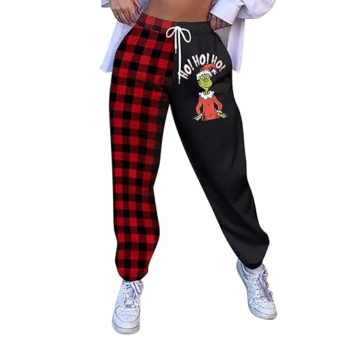 QWUVEDS Grinch Hose Grinch Baumwolle Grinch Plus Size Hose für Damen, grünes Weihnachtsmann-Grinch-Kostüm, Damen-Pyjamahose, gestreifte Damen-Pyjamahose Jogginghose Damen Cargohose Damen von QWUVEDS