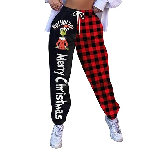 QWUVEDS Grinch Hose Grinch Baumwolle Grinch Plus Size Hose für Damen, grünes Weihnachtsmann-Grinch-Kostüm, Damen-Pyjamahose, gestreifte Damen-Pyjamahose Jogginghose Damen Cargohose Damen von QWUVEDS