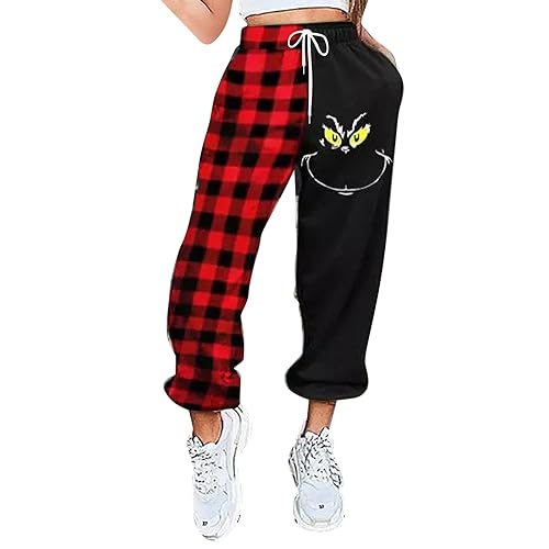 QWUVEDS Grinch Hose Grinch Baumwolle Grinch Plus Size Hose für Damen, grünes Weihnachtsmann-Grinch-Kostüm, Damen-Pyjamahose, gestreifte Damen-Pyjamahose Jogginghose Damen Cargohose Damen von QWUVEDS