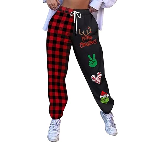 QWUVEDS Grinch Hose Grinch Baumwolle Grinch Plus Size Hose für Damen, grünes Weihnachtsmann-Grinch-Kostüm, Damen-Pyjamahose, gestreifte Damen-Pyjamahose Jogginghose Damen Cargohose Damen von QWUVEDS