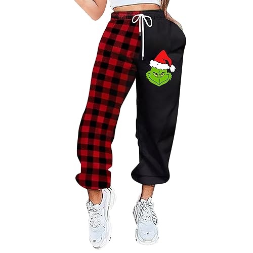 QWUVEDS Grinch Hose Grinch Baumwolle Grinch Plus Size Hose für Damen, grünes Weihnachtsmann-Grinch-Kostüm, Damen-Pyjamahose, gestreifte Damen-Pyjamahose Jogginghose Damen Cargohose Damen von QWUVEDS