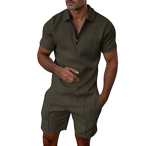 QWUVEDS Herren Casual Striped Print Zweiteiler Reißverschluss Kragen Kurzarm Top Bluse Anzug Kordelzug Tasche Short Set Trainingsanzug Herren Nylon von QWUVEDS