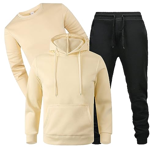 QWUVEDS Herren-Tracking-Anzug, Herren-Trainingsanzug, 3-teilig, lässiger Trainingsanzug, Leichter Kapuzenpullover, Jogging-Sweatpant-Anzug Herrenanzug Hochzeit Sportanzug Herren (Khaki, M) von QWUVEDS