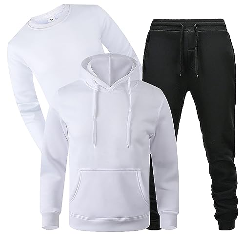 QWUVEDS Herren-Tracking-Anzug, Herren-Trainingsanzug, 3-teilig, lässiger Trainingsanzug, Leichter Kapuzenpullover, Jogging-Sweatpant-Anzug Herrenanzug Hochzeit Sportanzug Herren (White, S) von QWUVEDS