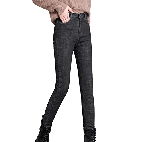 QWUVEDS Jeanshosen Herren Stretch Große Größen Winter verdickte Plüschjeans Damen 2022 hohe Taille verlängerte Füße dünne thermische Outwear Winterhose mit Fleece Jeanshosen Damen Stretch 48 von QWUVEDS