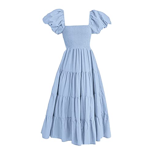 QWUVEDS Kleid Knielang Damen Plissiertes Kurzarmkleid mit eckigem Ausschnitt und rückenfreiem Puffärmel Kleid Maxi Damen Sommer von QWUVEDS