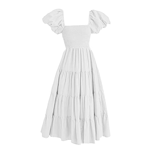 QWUVEDS Kleid Knielang Damen Plissiertes Kurzarmkleid mit eckigem Ausschnitt und rückenfreiem Puffärmel Kleid Maxi Damen Sommer von QWUVEDS