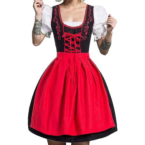 QWUVEDS Kleider Damen Mollig Deutsches Kleid für Damen in Übergröße mit eckigem Ausschnitt, Schürze, Oktoberfest-Biermädchen-Kostüm Cocktailkleid Damen 46 von QWUVEDS