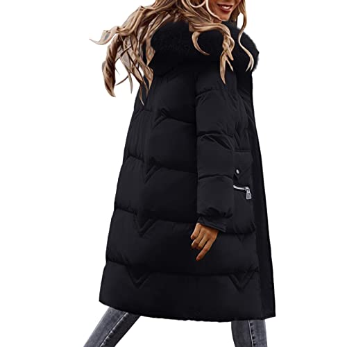 QWUVEDS Langer Baumwollmantel Damen Wollkragen Kapuzen-Baumwolljacke Warme Baumwollwattierte Jacke Daunenjacke Mit Gürtel Brotmantel Skijacke Damen Damen Winterjacke Lang Steppmantel Damen (Black, M) von QWUVEDS