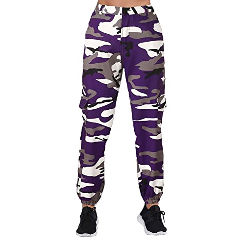 QWUVEDS Leinen Hose Damen Schwarz Damen Camo Hose Cargohose Camouflage Hose Elastische Taille Lässige Multi Outdoor Jogger Hose mit Tasche von QWUVEDS