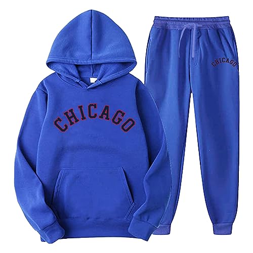 QWUVEDS Männer Und Frauen Herbst Und Winter Mode Lässig Brief Gedruckt Casual Fleece Hoodie Sweatshirt Jogginghose Sport Trainingsanzug Set Training Herren Jogginganzug Herren Baumwolle (Blue, XXXL) von QWUVEDS