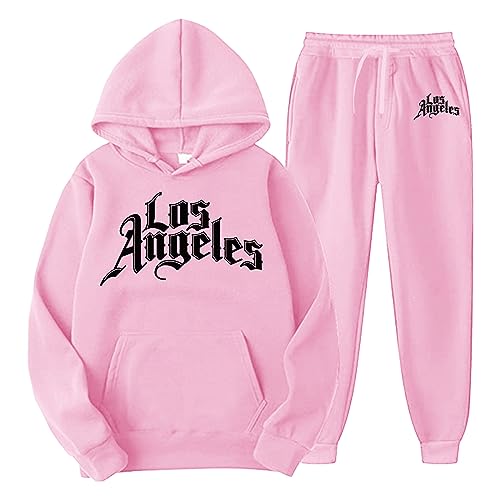 QWUVEDS Männer und Frauen Herbst und Winter Mode lässig Brief gedruckt Pullover Hosen Sportanzug Fußball Jogginganzug Herren Baumwolle Traningsanzuganzug Sweatshirt Herren Mit Kapuze (Pink, M) von QWUVEDS