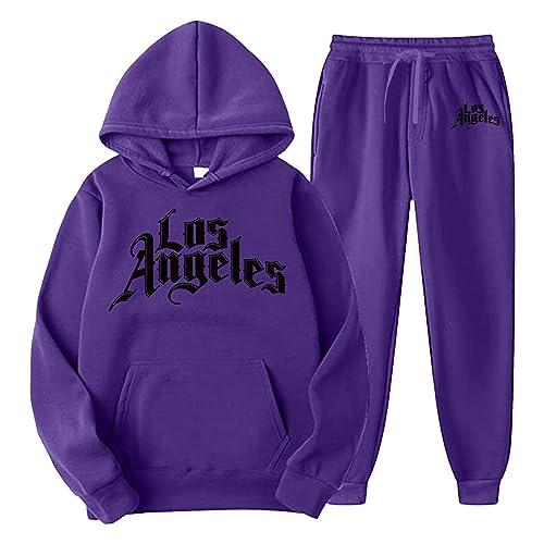 QWUVEDS Männer und Frauen Herbst und Winter Mode lässig Brief gedruckt Pullover Hosen Sportanzug Fußball Jogginganzug Herren Baumwolle Traningsanzuganzug Sweatshirt Herren Mit Kapuze (Purple, XXXL) von QWUVEDS