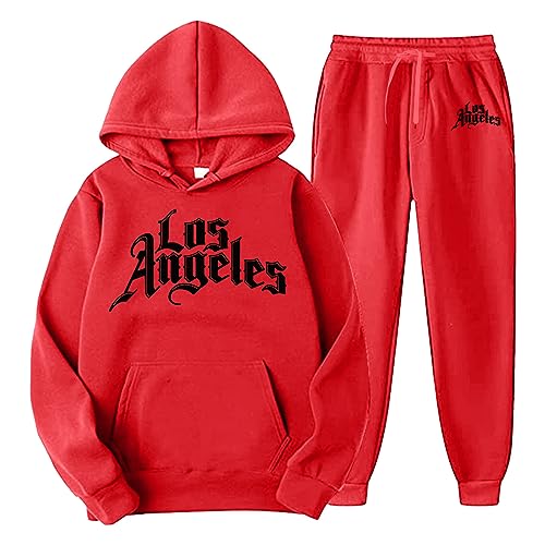 QWUVEDS Männer und Frauen Herbst und Winter Mode lässig Brief gedruckt Pullover Hosen Sportanzug Fußball Jogginganzug Herren Baumwolle Traningsanzuganzug Sweatshirt Herren Mit Kapuze (Red, M) von QWUVEDS