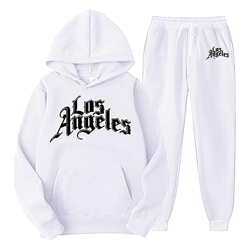 QWUVEDS Männer und Frauen Herbst und Winter Mode lässig Brief gedruckt Pullover Hosen Sportanzug Fußball Jogginganzug Herren Baumwolle Traningsanzuganzug Sweatshirt Herren Mit Kapuze (White, S) von QWUVEDS