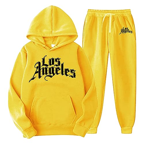 QWUVEDS Männer und Frauen Herbst und Winter Mode lässig Brief gedruckt Pullover Hosen Sportanzug Fußball Jogginganzug Herren Baumwolle Traningsanzuganzug Sweatshirt Herren Mit Kapuze (Yellow, S) von QWUVEDS