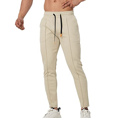 QWUVEDS Männliche Frühlings-beiläufige Fitness-Lauf-Reißverschlusshose Kordelzug lose Taillen-Normallack-Hosen-Taschen-lose Fleece-Jogginghose Businesshose Herren, XL, Beige von QWUVEDS