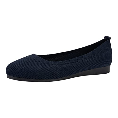 QWUVEDS Mode Frühling Sommer Damen Freizeitschuhe Flacher Boden runde Zehenfliege gewebtes Mesh atmungsaktives Slip-on leicht bequem einfarbig elegant Damenschuhe Ballerina (Dark Blue, 37) von QWUVEDS