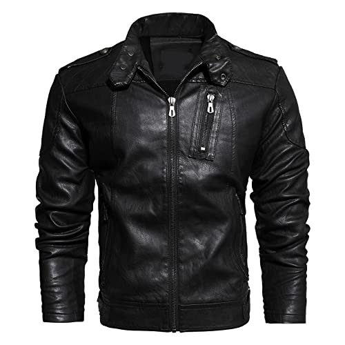 QWUVEDS Outdoorjacke Herren Sweatjacke Herren Ohne Kapuze Herren Lederjacken Herbst und Winter PU Lederjacke Stehkragen mit Samt und dickem Motorradmantel Funktionsjacke Herren (Black, XXL) von QWUVEDS