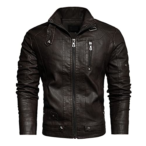 QWUVEDS Outdoorjacke Herren Sweatjacke Herren Ohne Kapuze Herren Lederjacken Herbst und Winter PU Lederjacke Stehkragen mit Samt und dickem Motorradmantel Winter Lederjacke Herren (Coffee, XXL) von QWUVEDS