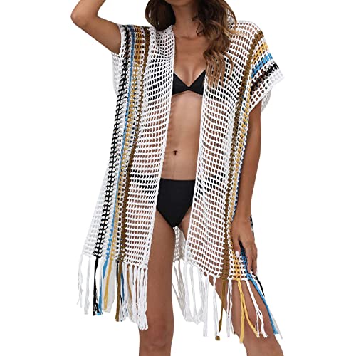 QWUVEDS Pareos & Strandkleider Für Damen Klettersteig Gurt Sommer-Strandbluse für Damen, locker gestrickt, mit Kontrastnähten, Bikini-Bluse, Strickjacke Strandtasche Schwarz Bikini Cover Up von QWUVEDS