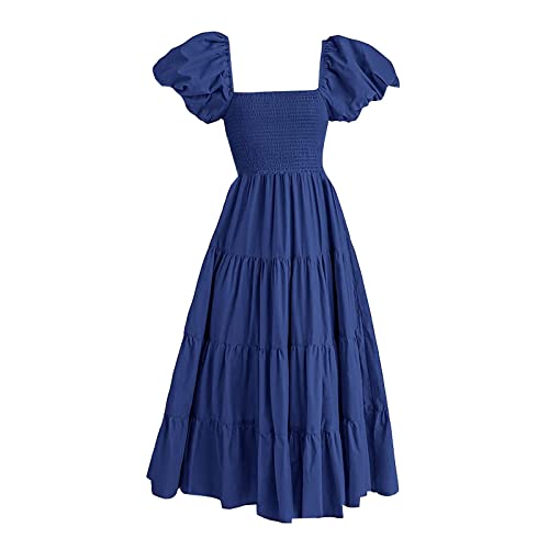 QWUVEDS Plissiertes Kurzarmkleid mit eckigem Ausschnitt und rückenfreiem Puffärmel Blaue Kleider Damen von QWUVEDS