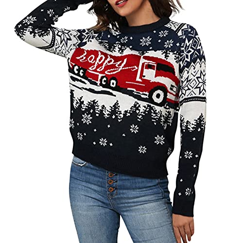 QWUVEDS pullover weihnachten geschenke weihnachten weihnachten kleidung Weihnachtsfrauen Rehbraun Muster Rundhals Streifen Pullover Farbblock Langarm Strick Lose Pullover Tops Warme Strickjacke von QWUVEDS