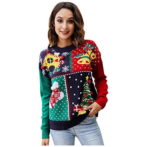 QWUVEDS pullover weihnachten geschenke weihnachten weihnachten kleidung Weihnachtsfrauen Rehbraun Muster Rundhals Streifen Pullover Farbblock Langarm Strick Lose Pullover Tops Warme Strickjacke von QWUVEDS