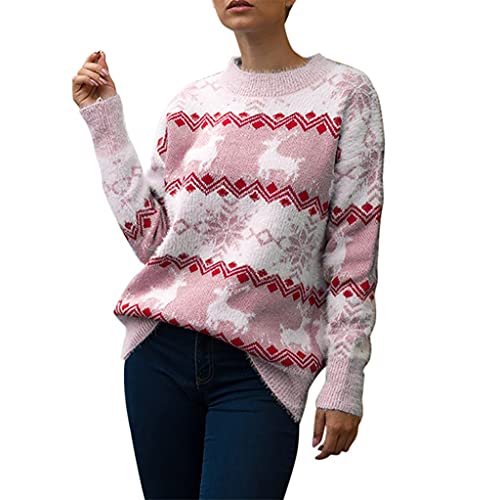 QWUVEDS pullover weihnachten geschenke weihnachten weihnachten kleidung Weihnachtsfrauen Rehbraun Muster Rundhals Streifen Pullover Farbblock Langarm Strick Lose Pullover Tops Warme Strickjacke von QWUVEDS