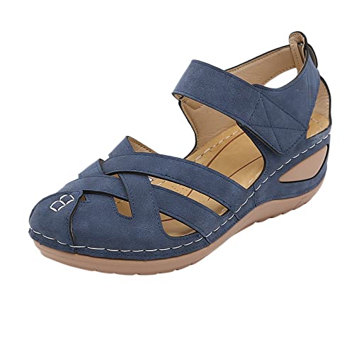 QWUVEDS Sandalen atmungsaktiv Frauen Sommer Beach Mode Keilchen Piep Schuhe Zehen bequeme Frauen Sandalen Vintage Schuhe Damen (Blue, 40) von QWUVEDS