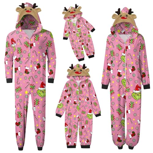 QWUVEDS Schlafanzug Weihnachten Grinch Pyjama Einteiler Pyjamas Sets für Familie, Niedlicher Weihnachts Einteiler Schlafanzüge mit Kapuze, Hausanzug Nachtwäsche für Damen Herren Kinder Baby 033 von QWUVEDS