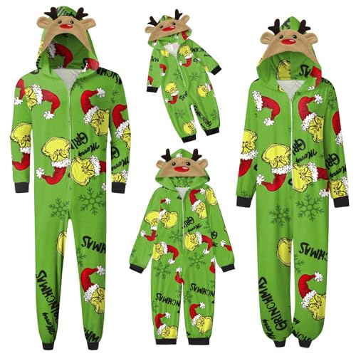 QWUVEDS Schlafanzug Weihnachten Grinch Pyjama Einteiler Pyjamas Sets für Familie, Niedlicher Weihnachts Einteiler Schlafanzüge mit Kapuze, Hausanzug Nachtwäsche für Damen Herren Kinder Baby 070 von QWUVEDS