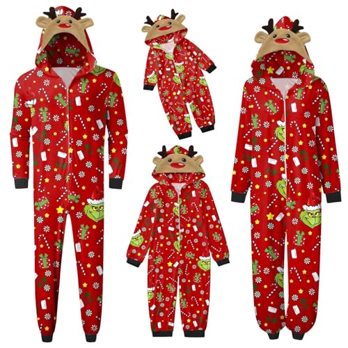 QWUVEDS Schlafanzug Weihnachten Grinch Pyjama Einteiler Pyjamas Sets für Familie, Niedlicher Weihnachts Einteiler Schlafanzüge mit Kapuze, Hausanzug Nachtwäsche für Damen Herren Kinder Baby 092 von QWUVEDS