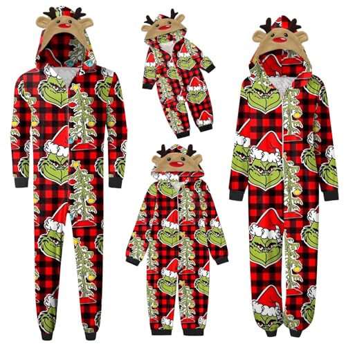 QWUVEDS Schlafanzug Weihnachten Grinch Pyjama Einteiler Pyjamas Sets für Familie, Niedlicher Weihnachts Einteiler Schlafanzüge mit Kapuze, Hausanzug Nachtwäsche für Damen Herren Kinder Baby 114 von QWUVEDS