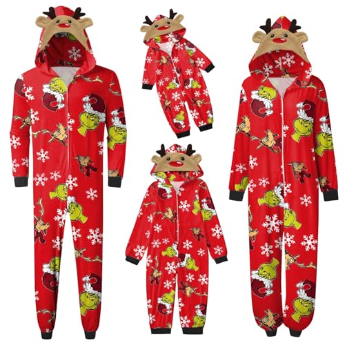 QWUVEDS Schlafanzug Weihnachten Grinch Pyjama Einteiler Pyjamas Sets für Familie, Niedlicher Weihnachts Einteiler Schlafanzüge mit Kapuze, Hausanzug Nachtwäsche für Damen Herren Kinder Baby 133 von QWUVEDS