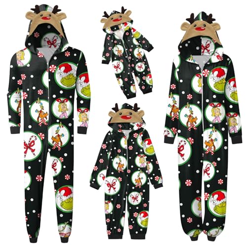 QWUVEDS Schlafanzug Weihnachten Grinch Pyjama Einteiler Pyjamas Sets für Familie, Niedlicher Weihnachts Einteiler Schlafanzüge mit Kapuze, Hausanzug Nachtwäsche für Damen Herren Kinder Baby 188 von QWUVEDS