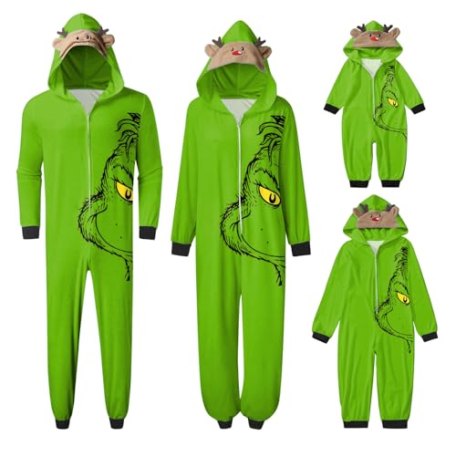 QWUVEDS Schlafanzug Weihnachten Grinch Pyjama Einteiler Pyjamas Sets für Familie, Niedlicher Weihnachts Einteiler Schlafanzüge mit Kapuze, Hausanzug Nachtwäsche für Damen Herren Kinder Baby 224 von QWUVEDS