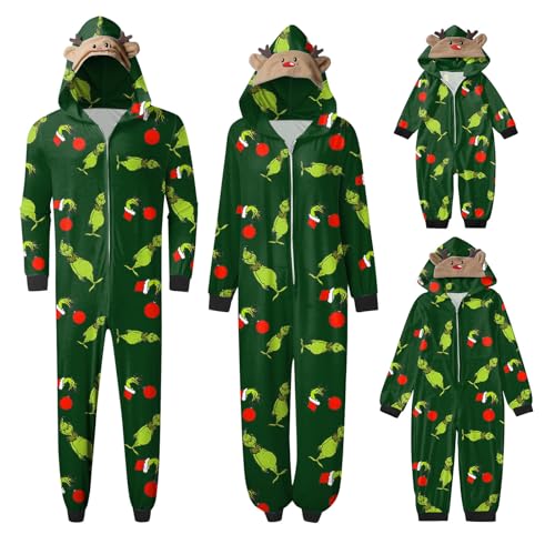 QWUVEDS Schlafanzug Weihnachten Grinch Pyjama Einteiler Pyjamas Sets für Familie, Niedlicher Weihnachts Einteiler Schlafanzüge mit Kapuze, Hausanzug Nachtwäsche für Damen Herren Kinder Baby 287 von QWUVEDS