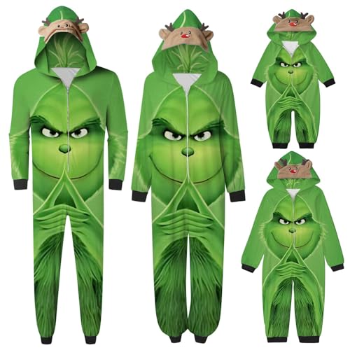 QWUVEDS Schlafanzug Weihnachten Grinch Pyjama Einteiler Pyjamas Sets für Familie, Niedlicher Weihnachts Einteiler Schlafanzüge mit Kapuze, Hausanzug Nachtwäsche für Damen Herren Kinder Baby 332 von QWUVEDS