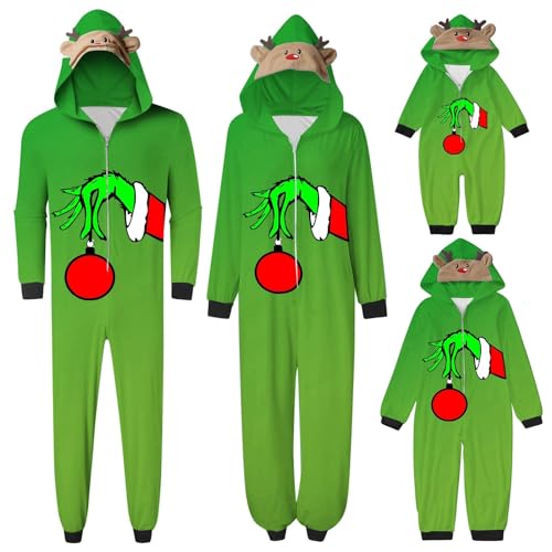 QWUVEDS Schlafanzug Weihnachten Grinch Pyjama Einteiler Pyjamas Sets für Familie, Niedlicher Weihnachts Einteiler Schlafanzüge mit Kapuze, Hausanzug Nachtwäsche für Damen Herren Kinder Baby 424 von QWUVEDS