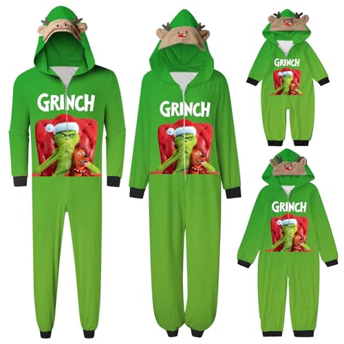 QWUVEDS Schlafanzug Weihnachten Grinch Pyjama Einteiler Pyjamas Sets für Familie, Niedlicher Weihnachts Einteiler Schlafanzüge mit Kapuze, Hausanzug Nachtwäsche für Damen Herren Kinder Baby 448 von QWUVEDS