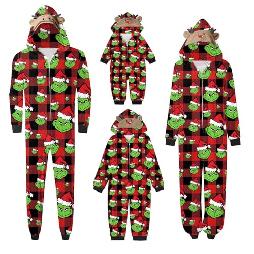 QWUVEDS Schlafanzug Weihnachten Grinch Pyjama Einteiler Pyjamas Sets für Familie, Niedlicher Weihnachts Einteiler Schlafanzüge mit Kapuze, Hausanzug Nachtwäsche für Damen Herren Kinder Baby 462 von QWUVEDS